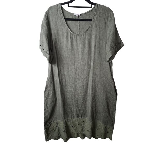 Rosemarine Italy green maxi‎ linen dress pockets floral eyelet women’s L - Picture 1 of 8